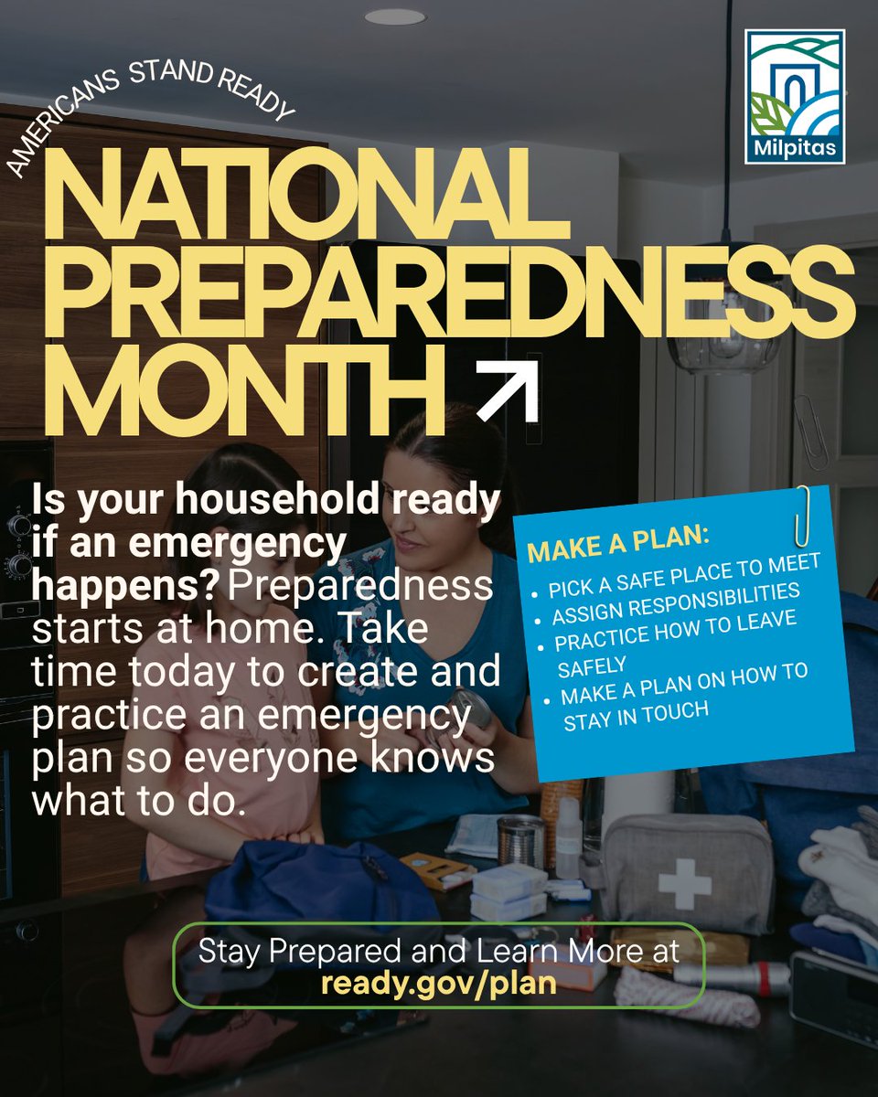 MilpitasCityGov's tweet photo. It’s time to prep, Milpitas! 

It’s National Preparedness Month, and we want to encourage you to take time to prepare, plan, and stay informed before an emergency happens.

Learn more at https://t.co/S37UqRr1OT https://t.co/JpE5OQieYz