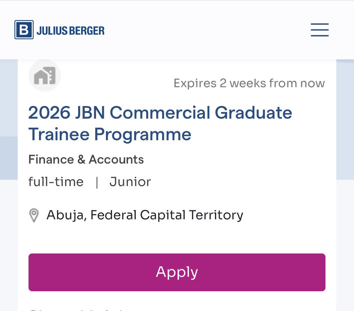 Jomo_Of_FUTA's tweet photo. Julius Berger Nigeria Commercial Graduate Trainee Programme 2026

- Minimum of Second Class Upper
- Not more than 26 years of age
- Completed NYSC not more than one year ago

Apply here
https://t.co/jIMAT4eulN https://t.co/P6jswytjui
