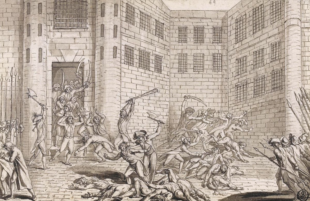 CeJourHistoire's tweet photo. Le 2 septembre 1792, Paris apprend que Verdun est tombée. Plus rien n'arrête l'armée prussienne sur la route de la capitale.

Ce jour-là, la peur bascule en tuerie.

La rumeur court que les prisons sont pleines de comploteurs, prêts à égorger les familles dès que les hommes partiront au front. Des aristocrates, des prêtres, d'anciens gardes du roi, mais aussi des voleurs et de simples détenus.

Des groupes d'hommes armés forcent l'entrée des prisons. À l'Abbaye, aux Carmes, à la Force, à la Conciergerie.

On installe des tribunaux improvisés devant les portes. Quelques questions, un mot de travers, et le prisonnier est poussé dehors, vers les piques et les sabres.

Cela dure cinq jours. Entre 1 100 et 1 400 morts selon les historiens, près de la moitié des prisonniers de Paris. Les registres ayant brûlé bien plus tard, le chiffre exact restera à jamais inconnu.

Parmi les victimes, une amie proche de Marie-Antoinette, la princesse de Lamballe. La foule la tue à la sortie d'une prison et promène sa dépouille sous les fenêtres de la reine enfermée.

Les autorités révolutionnaires laissent faire, quand elles n'encouragent pas.

Ces cinq journées portent un nom dans les livres, les massacres de Septembre. Elles annoncent, un an à l'avance, la Terreur qui va engloutir la Révolution, et jusqu'à ceux qui la mènent.