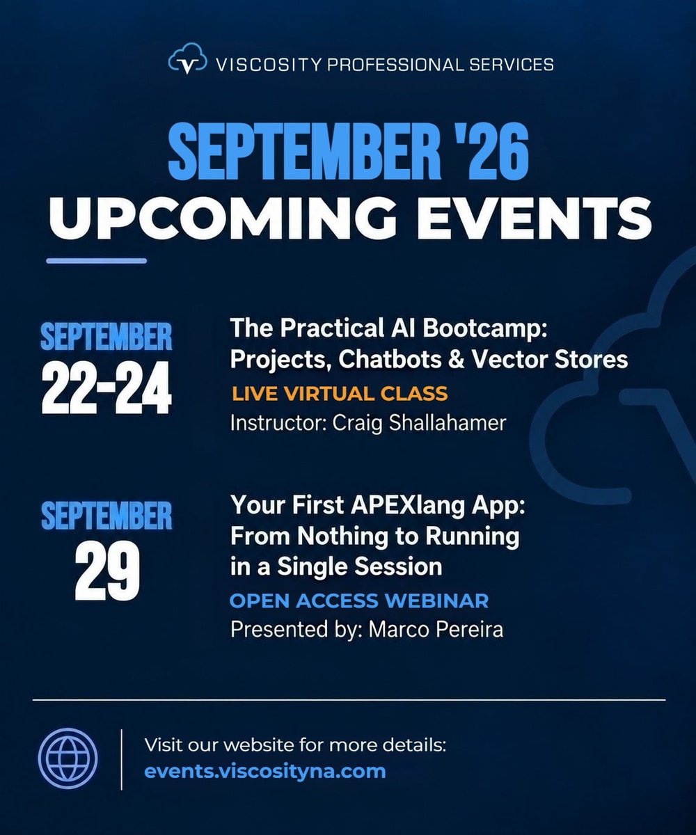 OraPubInc's tweet photo. September at Viscosity: #AI ahead 🤖 

🛠️ Oracle #ACED Craig Shallahamer leads the Practical AI Bootcamp 
⚡ Open Access Webinar on #APEXlang + AI with our @ViscosityNA's Software Architect, Marco Pereira 

https://t.co/9tHHGLR3X5 

#orclapex https://t.co/2gY6mzGlA8