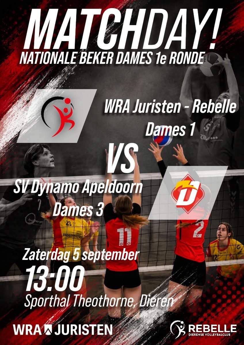 DVCRebelle's tweet photo. 🔥HET BEKERAVONTUUR BEGINT VOOR WRA JURISTEN - REBELLE DAMES 1! 🔥

📍 Sporthal Theothorne, Dieren
 📅 5 september
 ⏰ 13:00 uur

Zien we jou op de tribune? ❤️🖤

#Matchday #NationaleBeker #WRAJuristenRebelle #Volleybal #Dieren https://t.co/pADUC3Pgmq