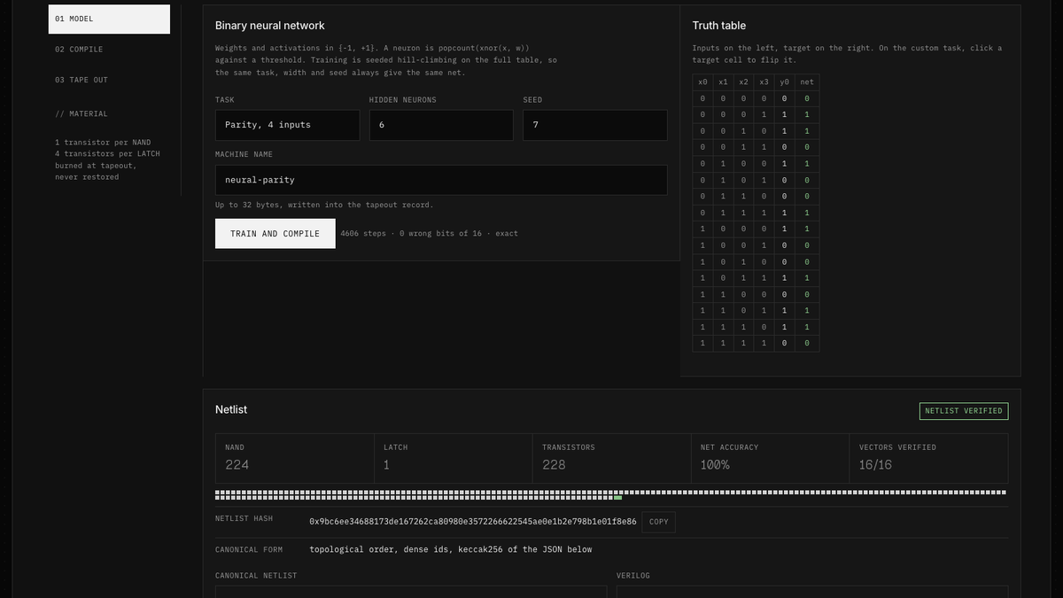 Neural_exe's tweet photo. How NEURAL works:

A neural net is logic. Binary weights turn every neuron into a truth table, and a truth table is NAND gates.

Compile the net in your browser, count the gates, burn 1 transistor per NAND and 4 per LATCH, seal the netlist onchain. That tx is your machine. https://t.co/fsJm1GPgjt