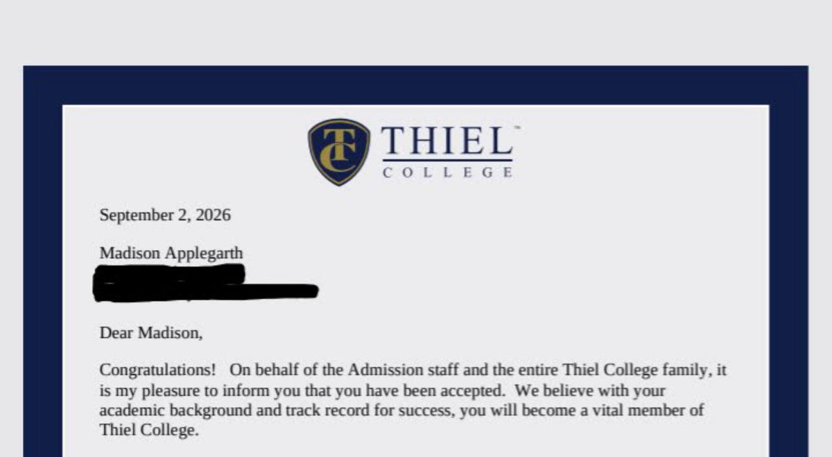 MApplegarth2027's tweet photo. I just received my acceptance letter to @thielcollege.  So excited to for this next chapter, and be a part of @Thiel_SB.  I can now officially say I'm  a TOMCAT!!!!! https://t.co/44r55MeH73