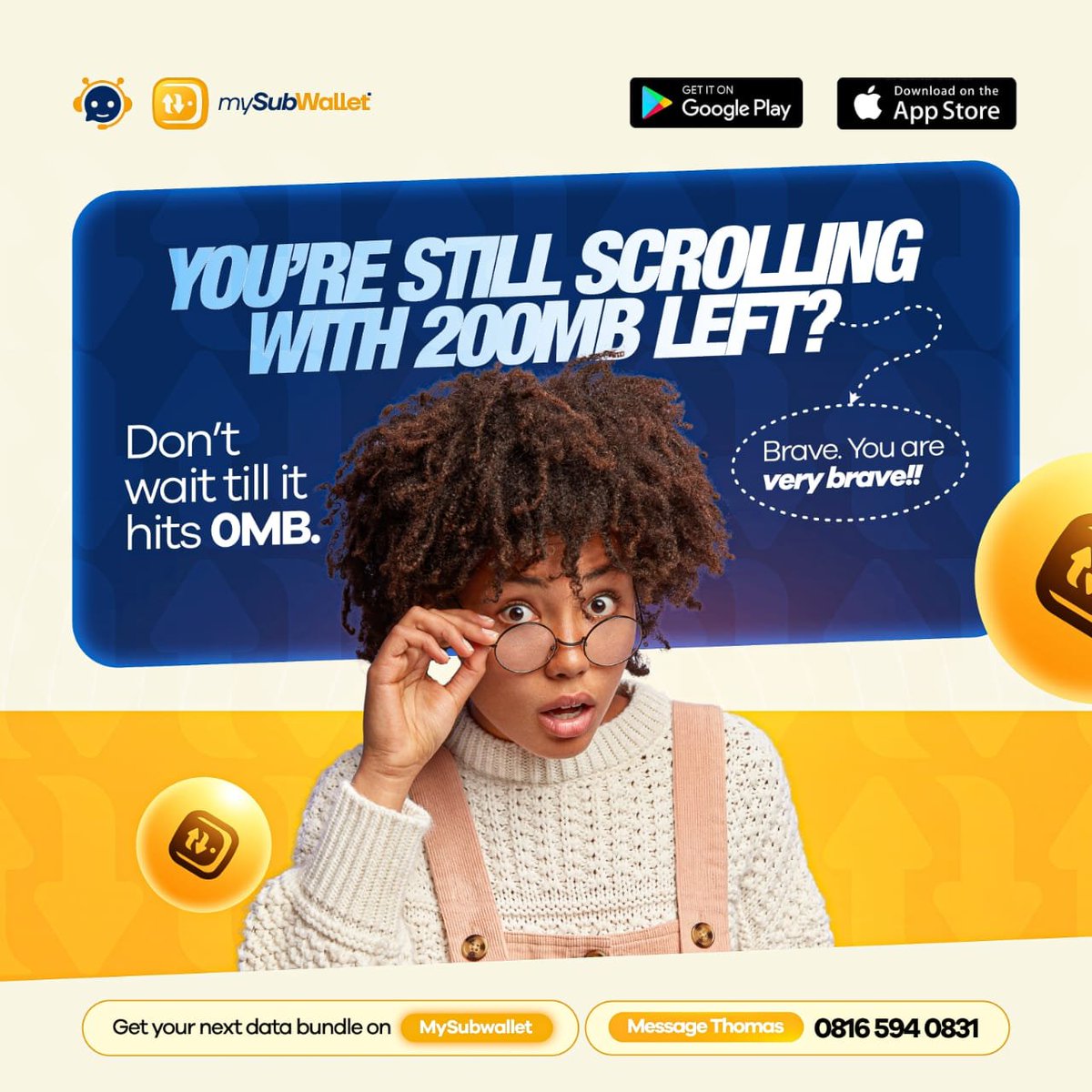 MySubwallet_ng's tweet photo. 20MB left and you’re still scrolling? 😭
We admire the confidence, but please… by data 😂📶
Get your next data bundle on mySubwallet.
#mySubwallet #DataBundle #StayConnected #DataPlans #VTU #Nigeria https://t.co/8o3OvKRGfa