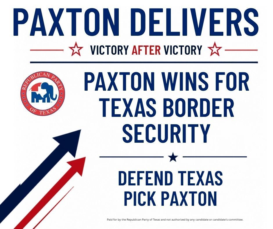TexasGOP's tweet photo. Paxton fought and won in federal court to defend SB 4 and Texas border security.

Talarico praises drag queens and filed legislation to repeal Texas abortion laws.

Paxton fights for Texas. Talarico pushes a far-left agenda.

Elections have consequences. Vote Paxton. https://t.co/zpD5UvQHFc