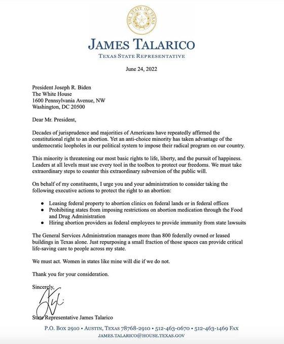 AndrewKolvet's tweet photo. On the day of the Dobbs decision in 2022, "Christian" James Talarico hurriedly drafted a letter to Joe Biden urging him to prop up abortion mills on federal lands and to make abortion doctors federal employees to shield them from state prosecutions.

This man is truly deranged. https://t.co/0Twd7jztBj