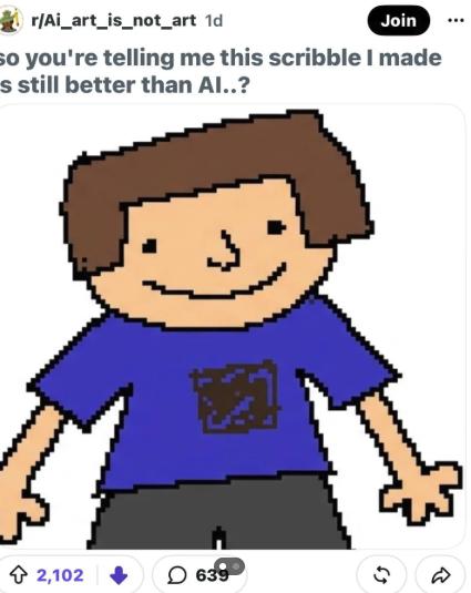 BoltricksDev's tweet photo. This is bigger than Zoe 
New Anti-AI Mascot art going viral on Reddit

Someone larped in the subreddit with a drawing saying its done WITHOUT ai, but he got exposed and kicked

Now everyone is drawing it themselves and making it the official mascot 

Original Post; https://t.co/Inqi9d4j54

POSTS OF PEOPLE drawing

https://t.co/gYXs5XV8Wp

https://t.co/v9rOOBrXeL

https://t.co/EIcMDMftbW

https://t.co/ALlbF27yI3

They named it Jerry: https://t.co/EIcMDMftbW