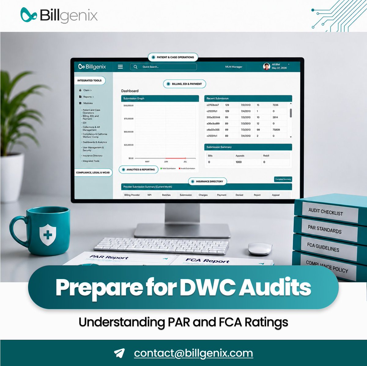 billgenix's tweet photo. Dive into the 2026 DWC audit standards with confidence! Our visual dashboard helps ensure your team is ready for the new PAR and FCA performance ratings. Stay informed and prepared with BillGenix. #AuditStandards #Compliance #BillGenix #RevenueCycleManagement https://t.co/9YWRT8sUfC