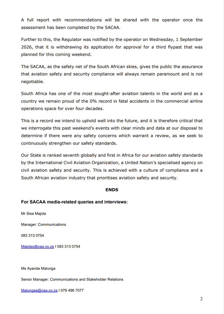 OfficialSACAA's tweet photo. The SACAA’s statement on the Airlink Flypast at the DHL Cape Town Stadium that took place on Saturday, 29 August 2026.

Read the statement here: https://t.co/Ij2taeaJUx