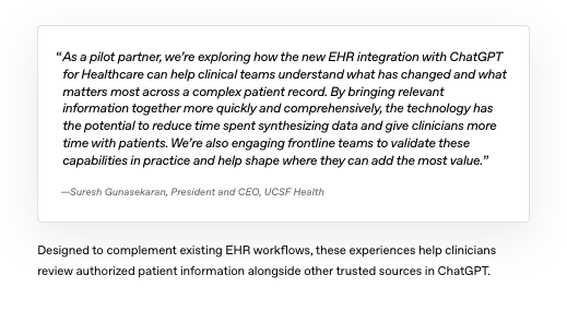 realbradotto's tweet photo. OpenAI stopped being a neutral layer in healthcare. They’re coming for the application companies.

OpenAI announced a partnership with Epic yesterday. Epic data will be workable in ChatGPT, and ChatGPT will be integrated into the EHR workflow. OpenAI separately announced data plugins with a number of public health datasets like PubMed and CMS Coverage.

It's a direct shot at the application layer companies that live on top of LLMs like ChatGPT. 

Taken along with prior product announcements in research and life sciences it's clear that OpenAI intends to be a major player in the application layer for healthcare and life sciences. This increases the stakes for anyone building or investing in companies built on LLM tech stacks. OpenAI is not just a neutral infrastructure provider, they're going to be competing head to head in the application layer too. 

The playbook feels similar to the one Microsoft used when they started bundling software applications into the PC (Word, Excel, Powerpoint). A lot of competing applications never stood a chance. 

I'm confident there will be many valuable companies built in the application layer in healthcare and life sciences, but the field of competition just became a whole lot tougher.