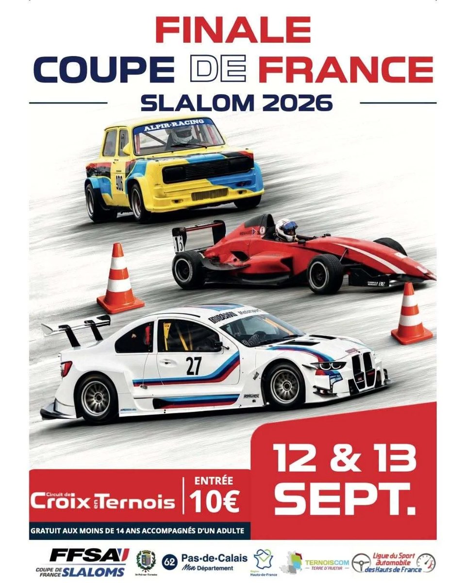 pasdecalais62's tweet photo. 🏎💨 Ne manquez pas la grande finale de la Coupe de France des Slaloms 2026 au Circuit de Croix-en-Ternois du 11 au 13/9 !
Cet événement national rassemble les meilleurs pilotes de la discipline et déterminera le vainqueur de chaque catégorie !
🏁 Résa : https://t.co/uk26su6Ngj https://t.co/X7g6efRqtT