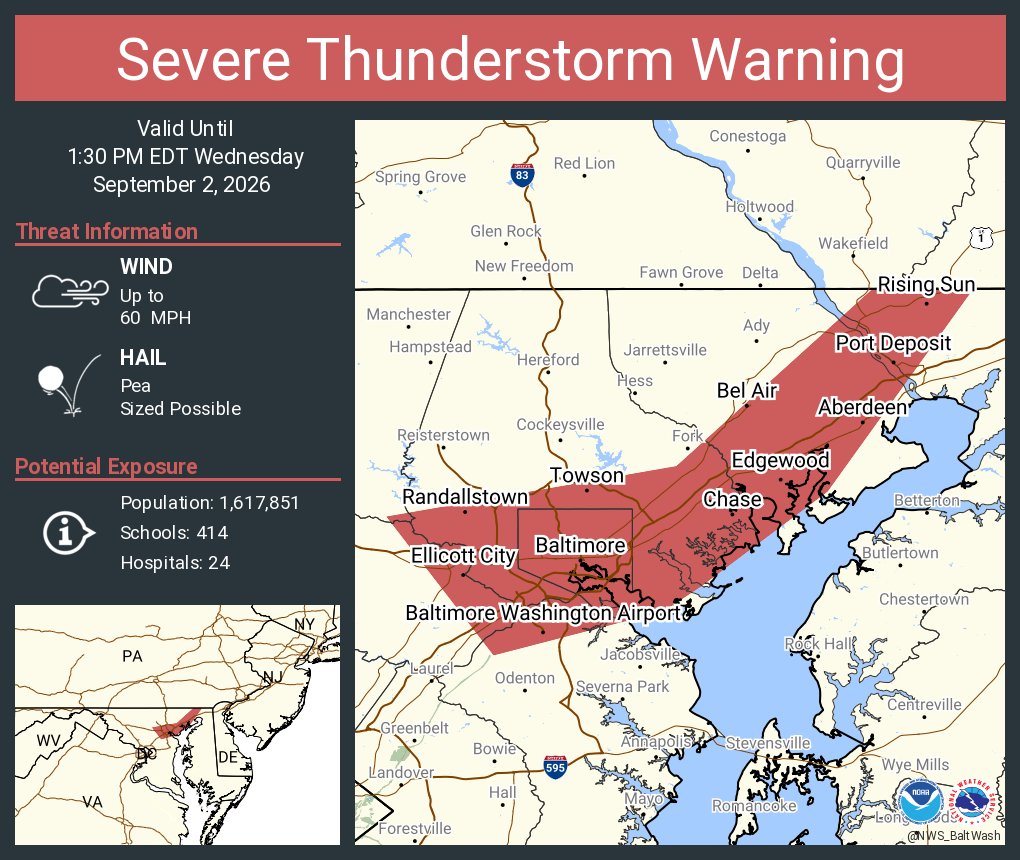 NWS_BaltWash's tweet photo. Severe Thunderstorm Warning continues for Baltimore MD, Ellicott City MD and  Dundalk MD until 1:30 PM EDT https://t.co/Y5lmBSFS0d