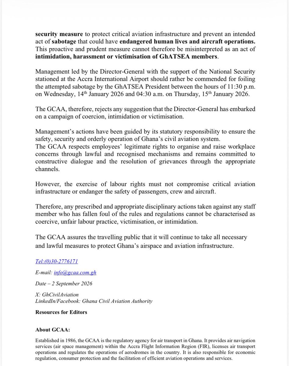 GhCivilAviation's tweet photo. PRESS RELEASE: GCAA REJECTS ALLEGATIONS OF UNFAIR LABOUR PRACTICES, INTIMIDATION AND VICTIMISATION https://t.co/XnIpicH0z0