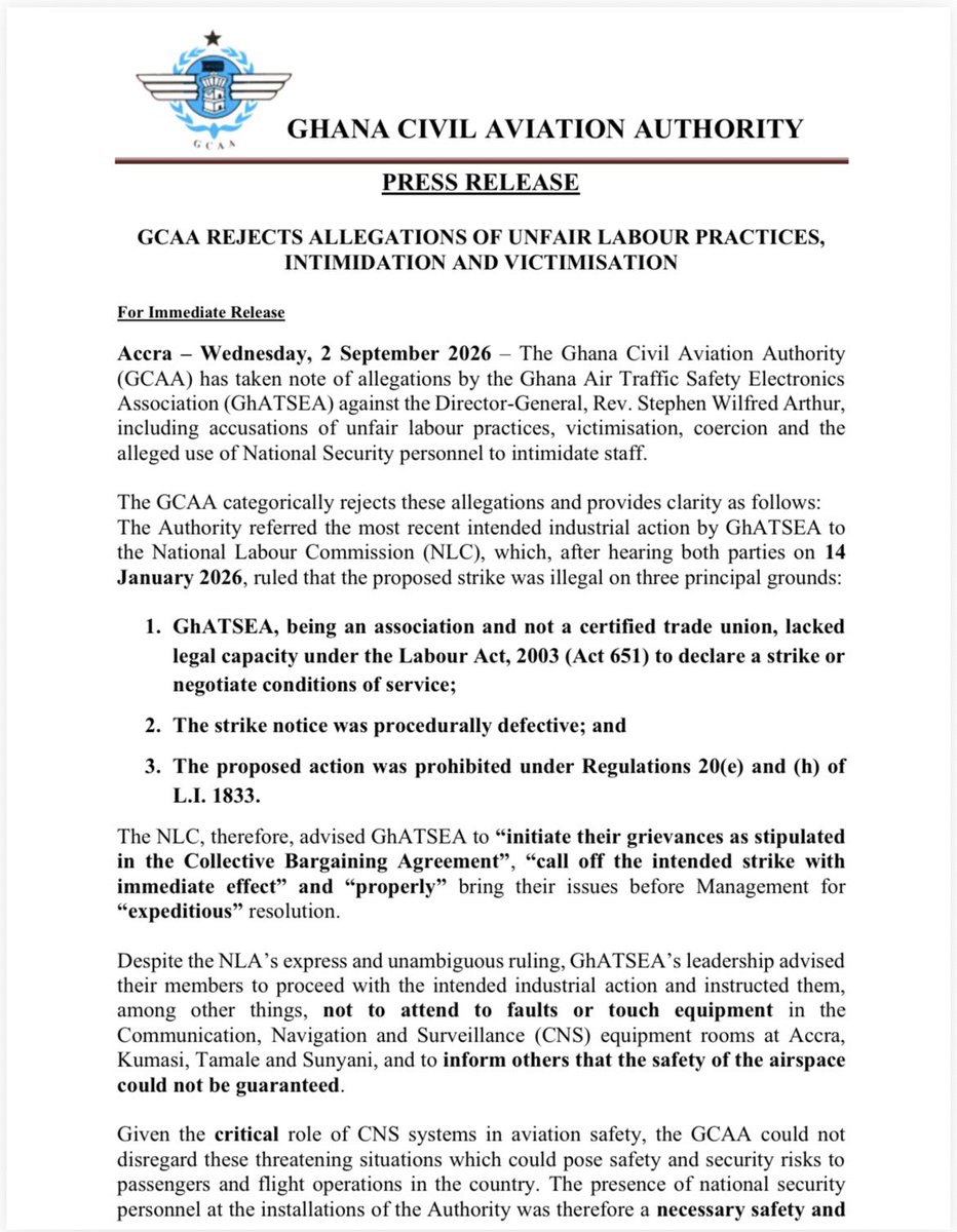 GhCivilAviation's tweet photo. PRESS RELEASE: GCAA REJECTS ALLEGATIONS OF UNFAIR LABOUR PRACTICES, INTIMIDATION AND VICTIMISATION https://t.co/XnIpicH0z0