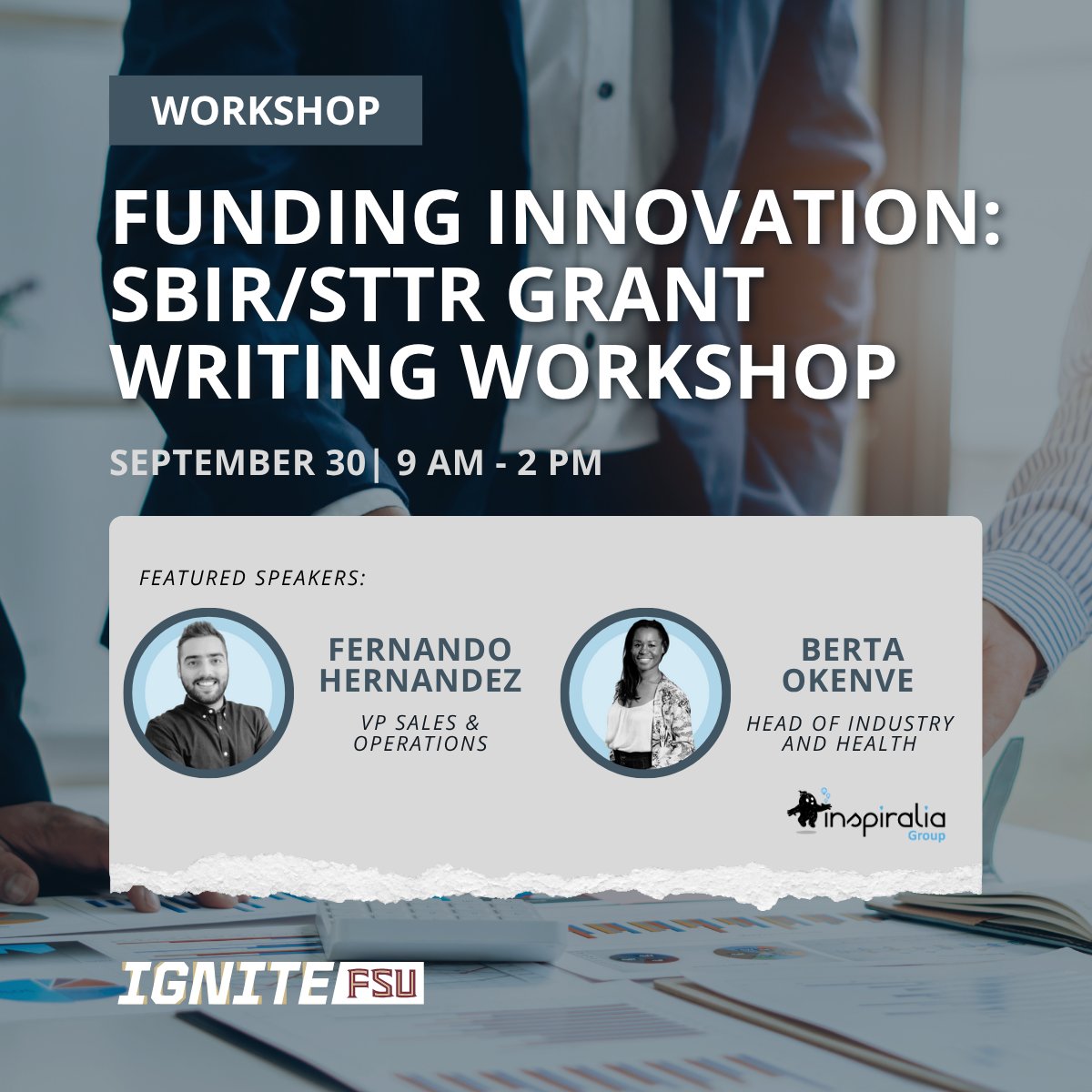 IGNITEFSU's tweet photo. Join us for a free in-person SBIR/STTR workshop by IGNITE and Inspiralia on September 30 (9 AM to 2 PM). Master NSF, NIH and Department of Defense funding with strategy, hands on writing, lunch and networking. Optional one-on-ones available.
https://t.co/LiVa56rVBo

#SBIR #STTR https://t.co/M8RCTOZ7rh