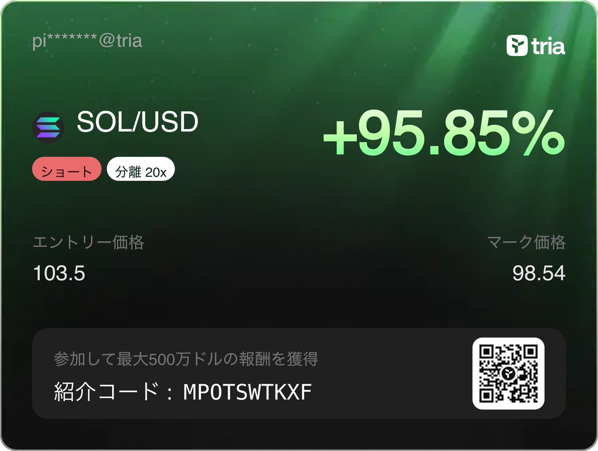 pinearrowffm's tweet photo. TriaでのSOL/USDトレードをチェック📈

先物を取引して最大500万ドルの報酬を獲得しよう：
https://t.co/XrRchwbSfy

@useTria でPnL Kingsに参加中 📊 サイズは問わず、リターン率が一番高い人が勝ち。#PnLKings https://t.co/oh1ndpdGgf