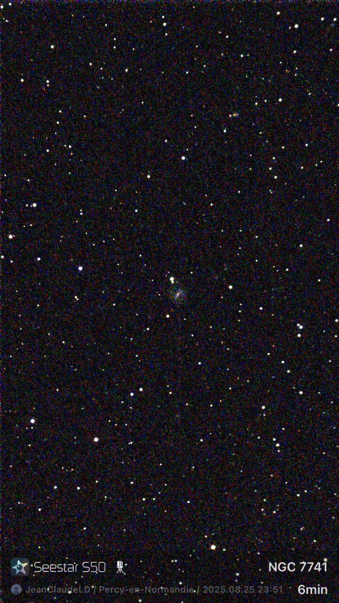 ahenk75's tweet photo. NGC7741, a barred spiral galaxy, 40 million ly away in Pegasus. Taken on Aug25, 2025🔭Img1 w/ @Unistellar #eVscope 🔭Img2 w/ @zwoastro #Seestar S50🔭Img3 by Luc Bellavance https://t.co/LkujR10YDN #Space #Astronomy https://t.co/qmY8LuZbls