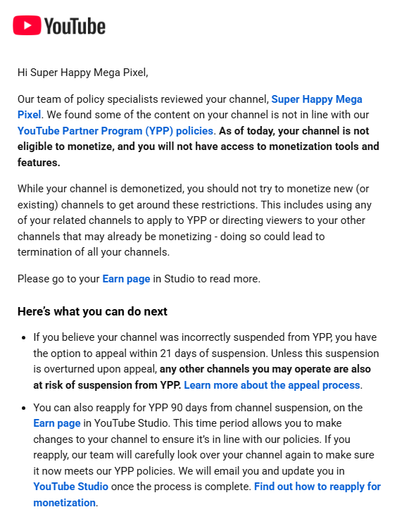 SHMegaPixel's tweet photo. @TeamYouTube our 450K subscriber animation channel was falsely demonetized for “reused content”.

Four people work on this channel, and we’ve spent almost 2 years building it.

We come up with the ideas, write the scripts, and animate everything ourselves. These videos take a long time to make.

We’re now stuck trying to get help. The appeal form isn’t working for us, and our conversations with your AI support keep hanging without a resolution or response.

Could someone please connect us with a human reviewer who can actually look at our case?