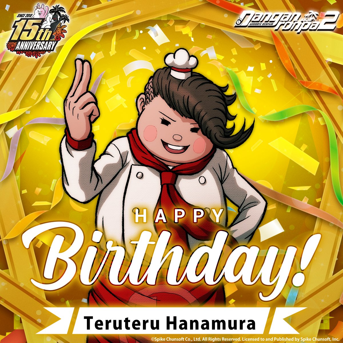 SpikeChunsoft_e's tweet photo. It's the Ultimate Cook's birthday! 🎉 Happy birthday to Teruteru Hanamura! 🧑‍🍳
(VA: @ToddHaberkorn)

Pre-order #Danganronpa2x2
https://t.co/NVpt7H1KQU https://t.co/9cF1OlCerY