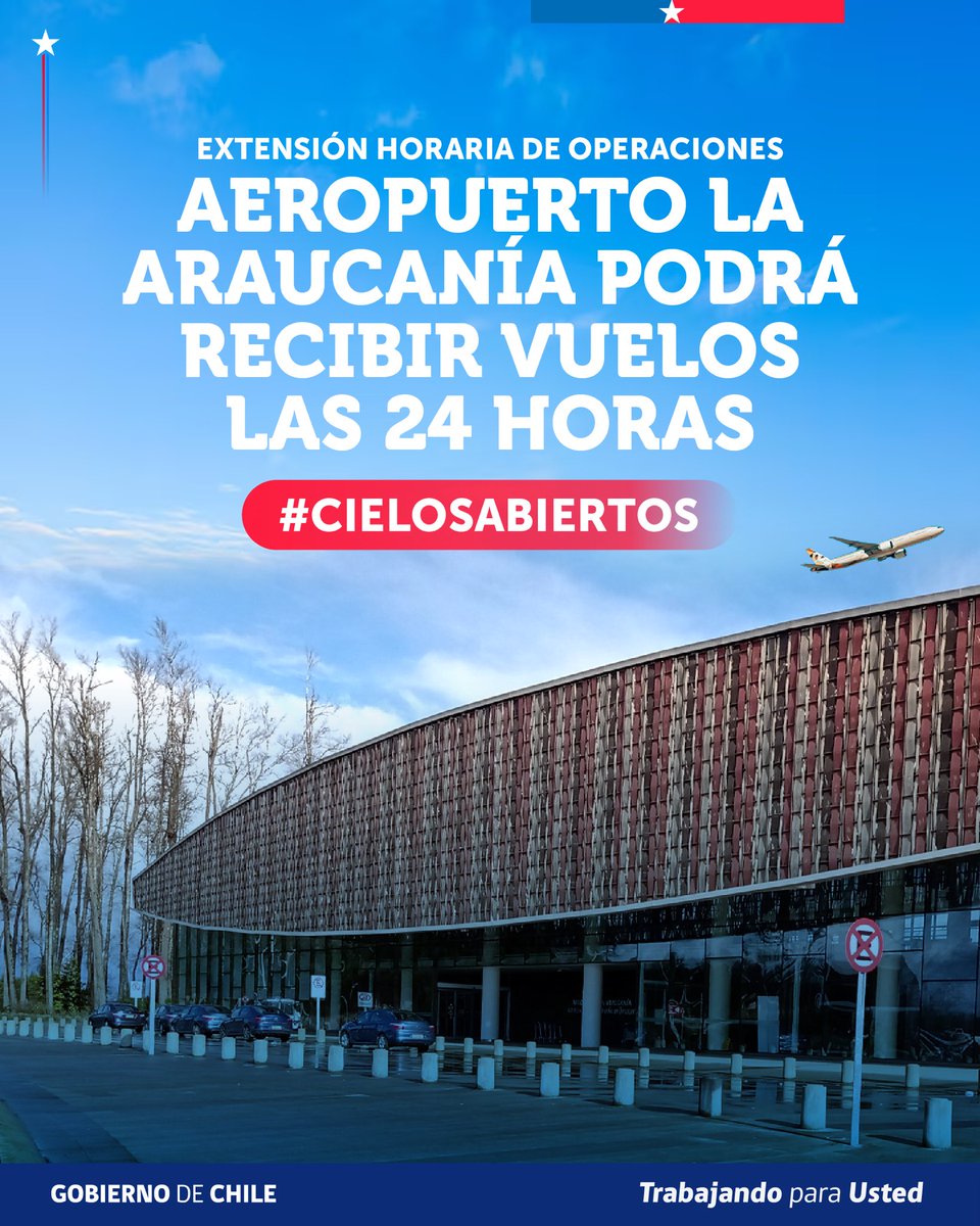 Subtrans's tweet photo. El Aeropuerto La Araucanía ahora opera 24/7 ✈️🌙

Este terminal, ubicado en Freire, ya puede recibir vuelos durante todo el día ✅ ampliando la oferta para pasajeros y potenciando la conectividad, el turismo y la economía regional.

#CielosAbiertos
#TrabajandoParaUsted https://t.co/M1k8b9SRPV
