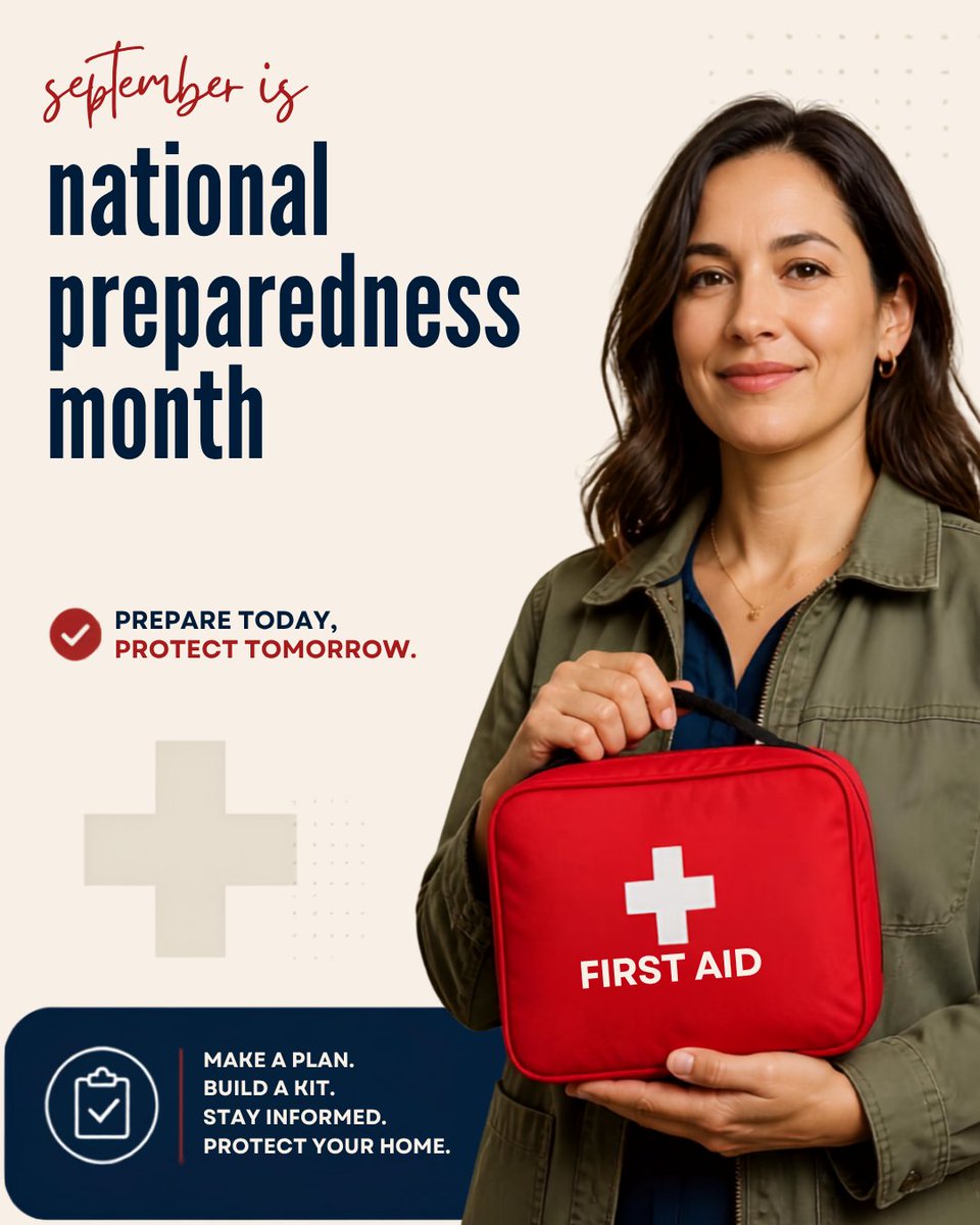 SaraKemp_CI's tweet photo. September is National Preparedness Month! A little planning today = big peace of mind tomorrow! Here's how to get started:
📋 Make a plan — talk with your family about what to do in an emergency
🎒 Build a kit — stock up on water, food, meds, and essentials
📱 Stay informed —... https://t.co/nYT9qs7Ore