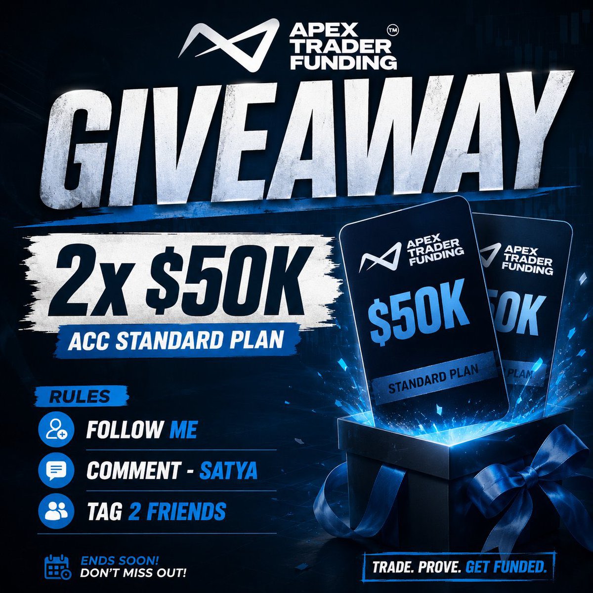 ambeingsatya's tweet photo. 🚨$100,000 worth Giveaway⚡️from @ApexTradeFund 

2x $50k Acc 

Rules

✅Comment SATYA & Tag 3friends

✅ Follow @ambeingsatya & @ApexTradeFund 

✅Like &Repost

✅Join our Discord for Updates https://t.co/g0bjpsuNYN

⚡️Winners Next week in YT live

#GiveawayAlerts #community #futures #propfirm