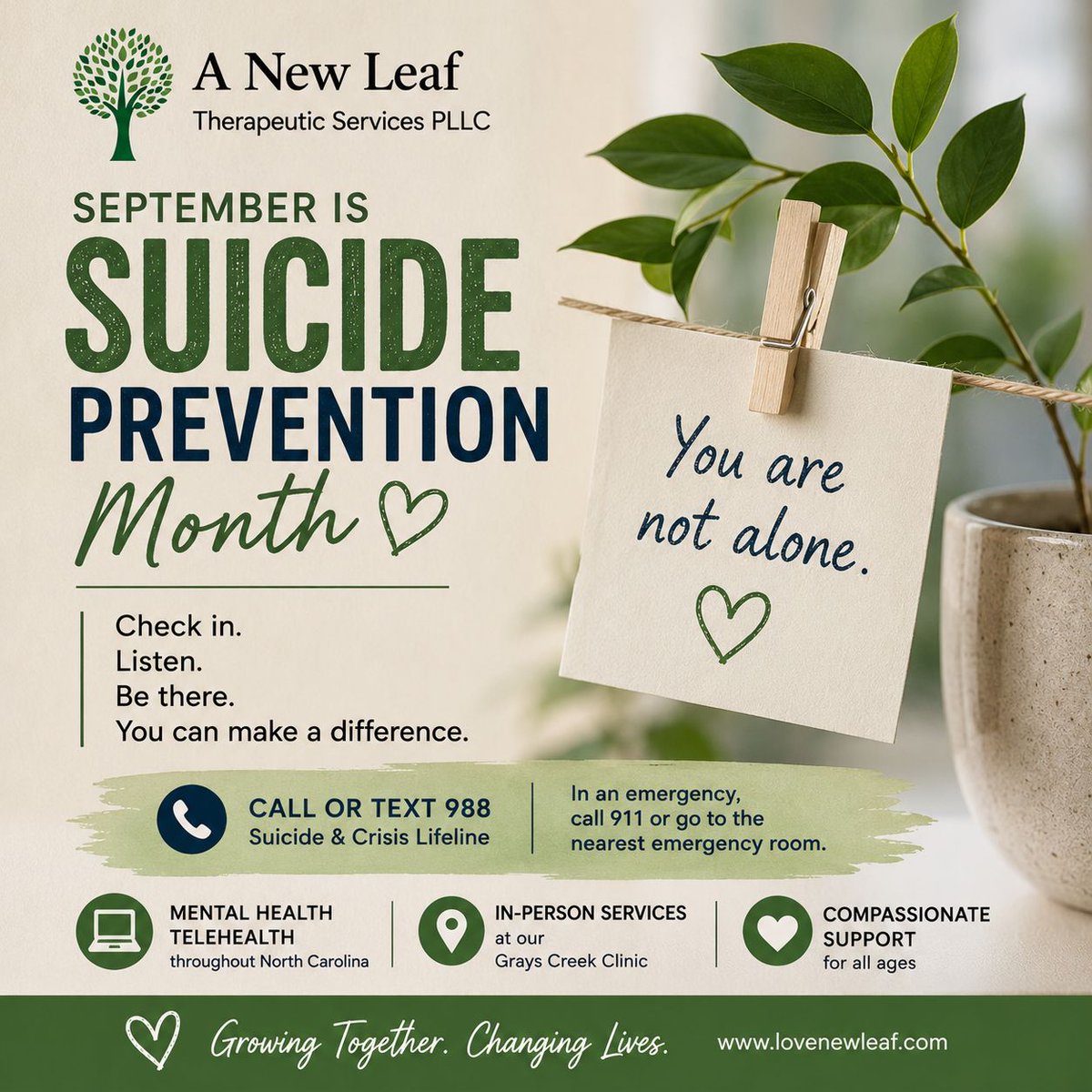 _newleaftherapy's tweet photo. September is Suicide Prevention Month.
You don't need the perfect words to support someone.
Sometimes it starts with:
💚 “I'm here.”
💚 “I'm listening.”
💚 “You don't have to go through this alone.”
Your life matters. Your feelings matter.
#SuicidePreventionMonth #988Lifeline https://t.co/Nl28NquyBm