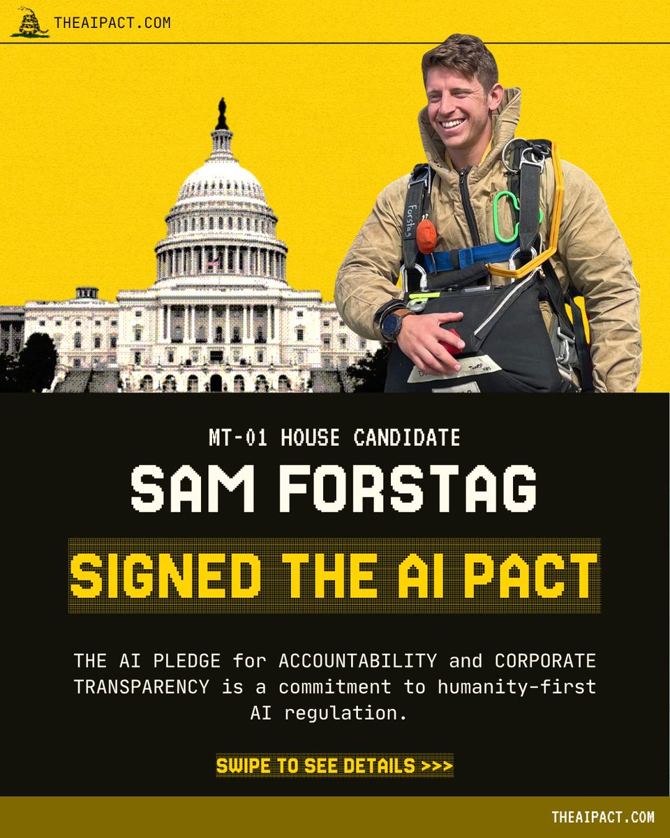 TheAIPACT's tweet photo. Montana-01 House candidate Sam Forstag signed the AI PACT!

He is running against Aaron Flint, a radio host who is supported by over $500,000 in AI industry Super PAC spending and Leading The Future, an big money group funded by a16z and OpenAI. https://t.co/Xpo2520IWC