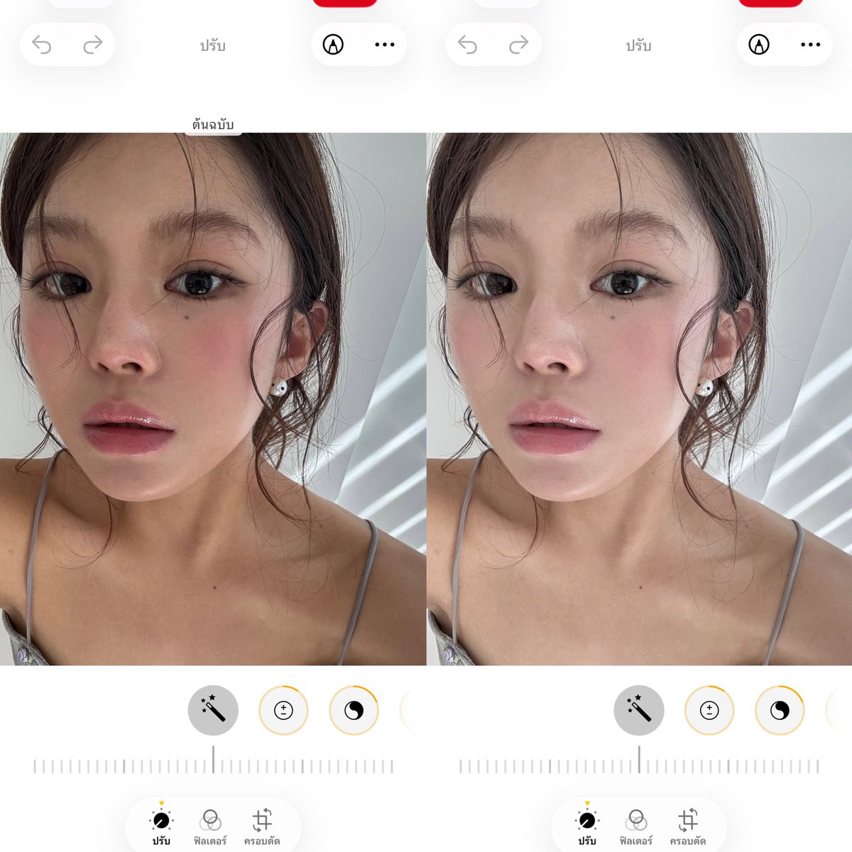 mepaphettt's tweet photo. วันนี้มาแชร์ทริคสำหรับคนที่ถ่ายเซลฟี่กล้องสดไอโฟน
แล้วภาพติดส้มติดเหลืองไม่ละมุนสีเพี้ยนผิวไม่สวย
ลองมาปรับตามข้างล่างนี้ดูรูปสวยละมุนขึ้นแน่นอน

ปรับในแอปรูปภาพ iPhone  • เปิดรับแสง +10 • แสงไฟรอบๆ +45 • ไฮไลต์ +25
เงา +40 • ความต่างระดับสี -20 • ความสว่าง +15 
•ความอิ่มสี -10
•ความสดของสี -20
•โทนอุ่น -10
•สีย้อม +6 • ความคมชัด +7 • ความละเอียด +10
•การลดนอยซ์ +5

ไม่ต้องปรับตรงเป๊ะ ปรับแต่งเพิ่มลด
ตามแสงรูปนั้นได้เลย อันนี้เอาไว้แค่เป็นเรฟน๊า