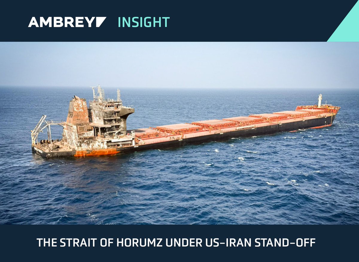 AmbreyRM's tweet photo. The Strait of Hormuz remains navigable but high risk amid the ongoing US-Iran stand-off, requiring heightened vigilance from commercial shipping. 
🔗https://t.co/p585liYPiH 

#StraitOfHormuz #MaritimeSecurity #Shipping #MaritimeRisk #USIran #Ambrey https://t.co/m4O9xyzhKd