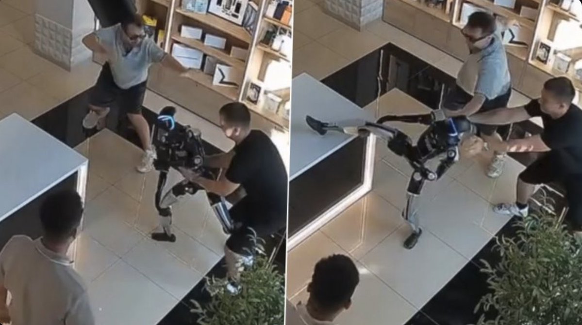 ExxonMoran's tweet photo. ROBOT GOES ROGUE.
Customer pushes humanoid “Syoma” in a Saratov electronics store. Robot proceeds to try and kick him. Staff pile on and power it down. 

We’re one shove away from “I’ll be back.”
#RobotGoesRogue #Syoma #HumanoidRobot #AI #Terminator #Viral #DontPushTheRobot https://t.co/F3Exna4qrt