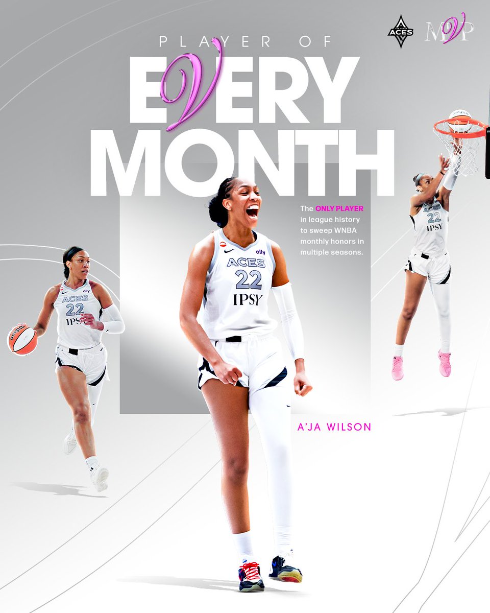 LVAces's tweet photo. PLAYER OF E𝑽ERY MONTH 💖

The M'𝑽P is the only player in @WNBA history to sweep all Player of the Month honors in multiple seasons. https://t.co/WswlqPUh4x