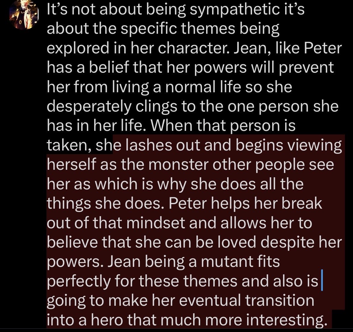 Sp1dey30's tweet photo. @shmigleedoo @Acomicfan52 @REDACTEDSpider Sure he does have many sympathetic villains, they just don’t work as well for this narrative or would be as strong of a parallel for Peter as Jean is. https://t.co/HgH7uil9XJ