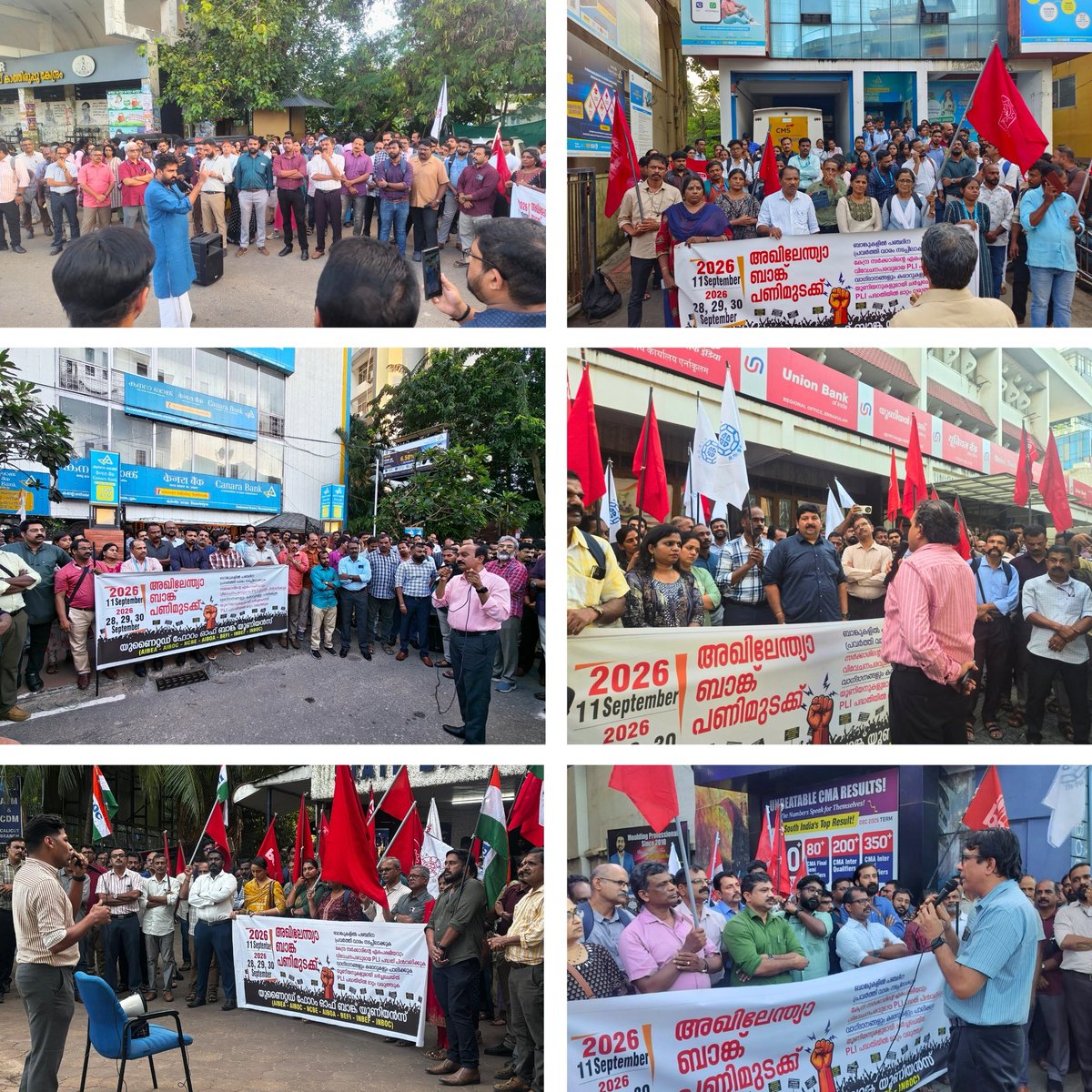 SBIOAKC's tweet photo. UFBU AGITATION – DEMONSTRATIONS ACROSS KERALA | 02 SEPTEMBER 2026

As part of the ongoing UFBU agitation demanding the immediate implementation of 5-Day Banking, withdrawal of the unilateral and discriminatory PLI scheme, modification of the PLI scheme through bilateral discussions with the Unions and settlement of all pending and residual issues, demonstrations were held across Kerala today, 02 September 2026.

The demonstrations witnessed massive participation of bank employees across all centres, reflecting the growing determination and unity of the banking fraternity in Kerala.

Revolutionary greetings to all our Comrades who actively participated in the demonstrations across Kerala and made today’s programme a thunderous success

#5DayWeekandFairPLI
#aiboc #sbioa