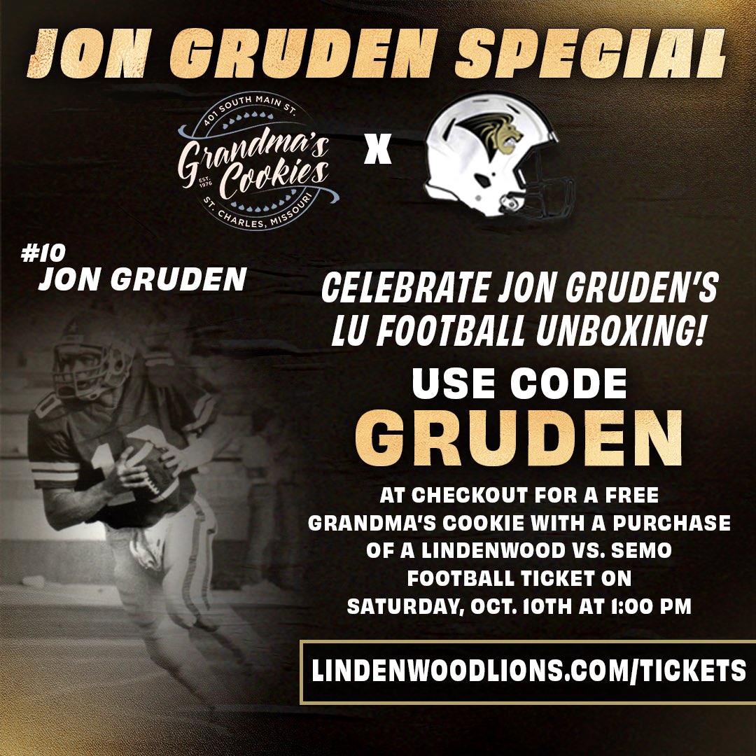 LU_Lions's tweet photo. We are partnering with Grandma’s Cookies to offer free cookies to our fans!

With a purchase of a @LindenwoodFB ticket to our game against SEMO on Oct. 10, you can claim a free cookie at their shop by showing your 🎟️!

Use code “GRUDEN” below🍪

🔗https://t.co/PbtVMjzVpr https://t.co/tVyvYHHFmW