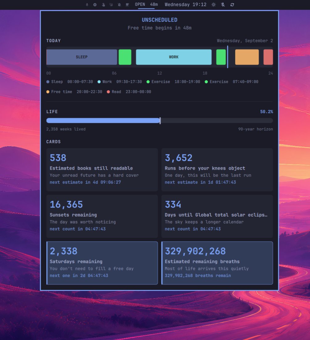 horrorcoder's tweet photo. Inspired by @dhh life bar in Omarchy 4 I've made a top bar plugin for keeping myself accountable on  the daily reccuring schedules plus a few reality checks on how much life should (hopefully!) still be ahead https://t.co/i9c9BgZRRt https://t.co/AG5jZZdWdB