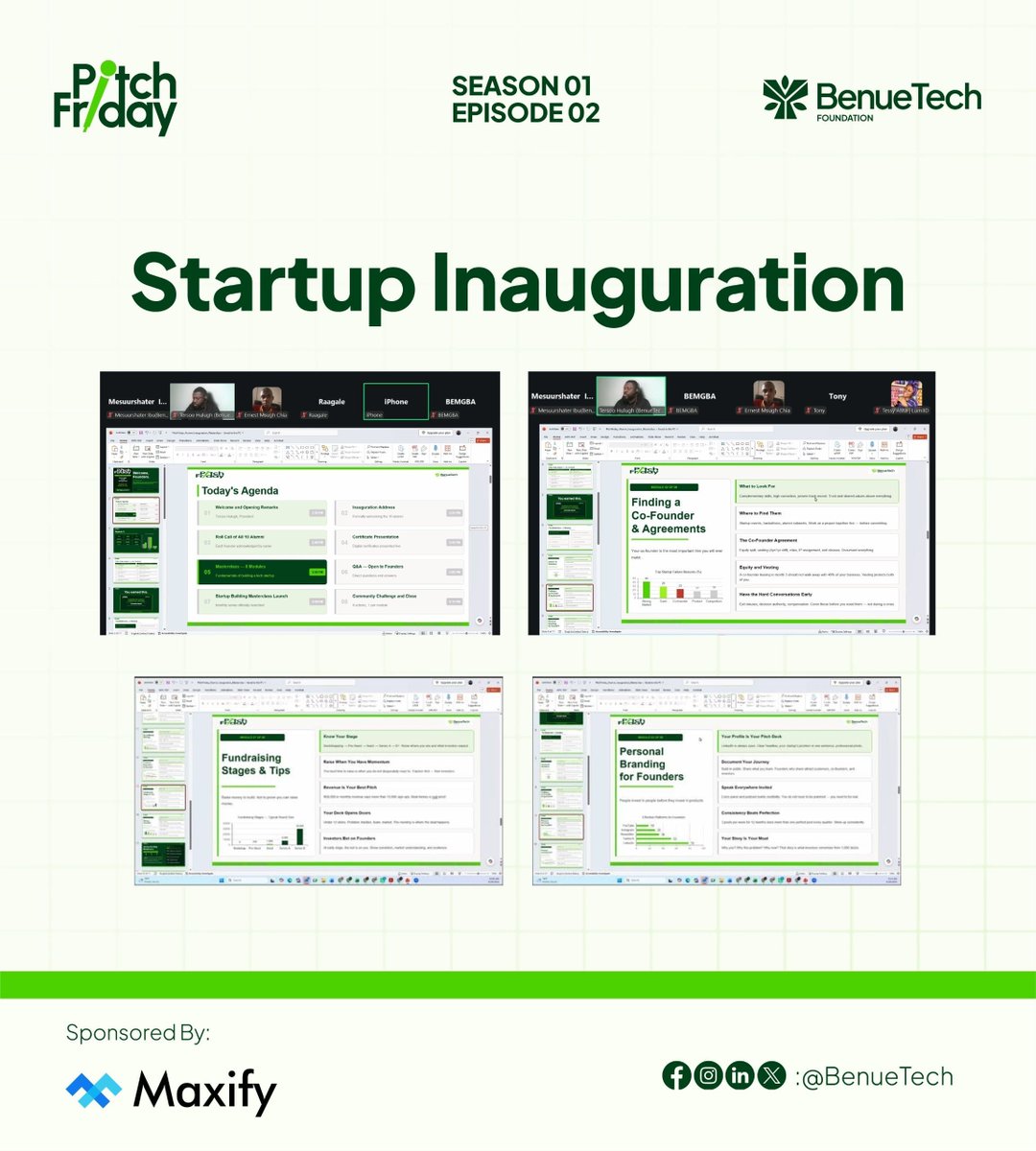 BenueTech's tweet photo. RECAP: Pitch Friday Alumni Inauguration 

8 Modules. 1 Goal: Help founders build better.

We covered:
Branding, Co-Founders, Product, GTM, Customers, Fundraising &amp; more

Big congrats to our Season 1 Alumni and award presentation 

#PitchFriday #BenueTechFoundation https://t.co/nr7aOPalHo