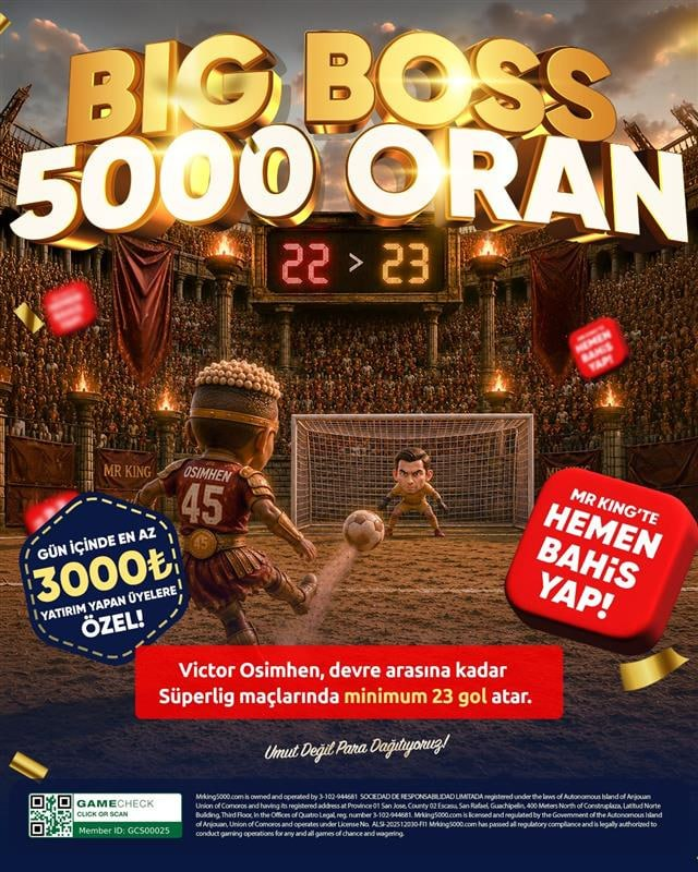 mrkingbonus's tweet photo. BİG BOSS 5000 ORAN MRKING'DE

Victor Osimhen, devre arasına kadar Süperlig maçlarında minumum 23 gol atar.

5000 ORAN #MrKing https://t.co/88hEtzfoTa