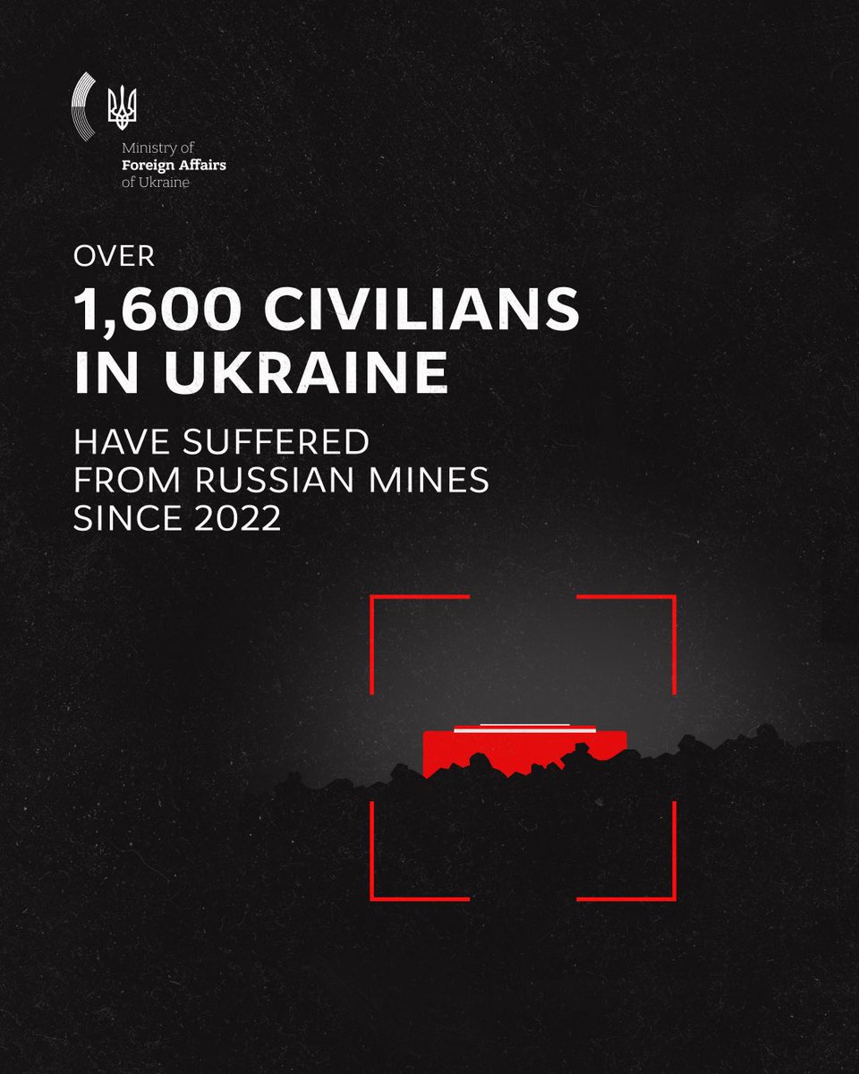 MFA_Ukraine's tweet photo. Since Russia launched its full-scale war, 1,645 civilians in Ukraine have suffered from Russian mines and explosive remnants of war.

They include 170 children and 1,475 adults.

Behind these numbers are people who need long-term treatment, rehabilitation and support. Every civilian mine incident is also investigated by Ukrainian law enforcement as a possible violation of the laws and customs of war by Russia.

At the same time, Ukraine continues to clear contaminated areas. In July 2026 alone, Ukraine’s Ministry of Defence demining units cleared 923 hectares of deoccupied territories.

International support for demining Ukraine is crucial. The Demining Capability Coalition supporting Ukraine plans to establish a €95 million fund to support demining efforts. In 2026, Ukraine is also set to receive €205 million worth of specialised demining equipment and machinery.

Every hectare cleared of mines means fewer lives at risk.