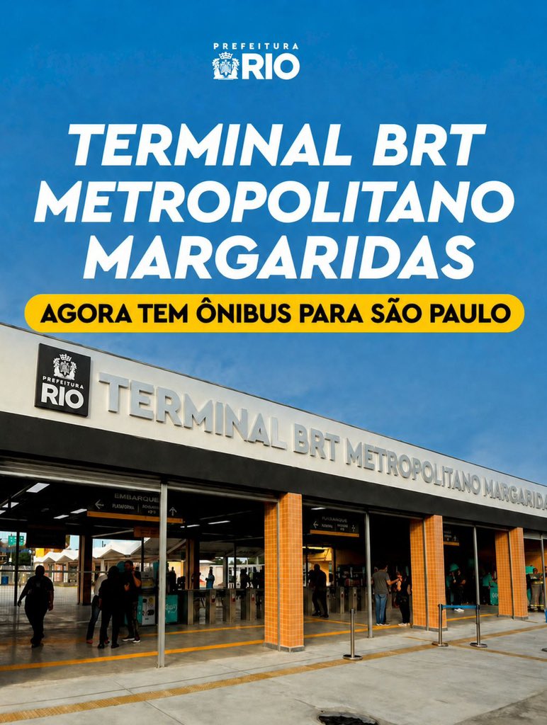 CavaliereRio's tweet photo. Pedido antigo da Zona Norte e da Baixada atendido: a partir desta sexta, dia 04/09, o Terminal BRT Metropolitano Margaridas, em Irajá, passa a ter ônibus direto para São Paulo. Na ida e na volta, sem precisar se deslocar até a Novo Rio.

O terminal já integra 11 linhas de seis cidades da Baixada ao BRT e facilitou muito a vida de quem circula entre o Rio e a região. Agora ganha mais uma conexão importante.

O trabalho da Prefeitura segue, e a melhoria no transporte público avança.

Seguimos.