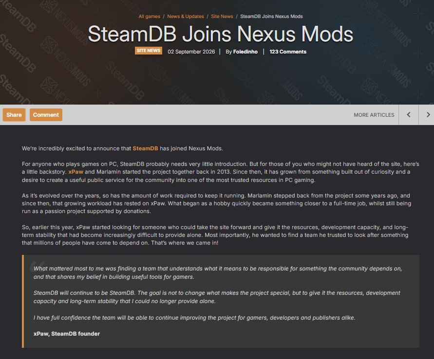 scolcer_'s tweet photo. Desastre total para la comunidad:
El creador de SteamDB se retira y la ha vendido a Nexus Mods.

Esto es lo que probablemente pase teniendo en cuenta la trayectoria altamente censora y extremista de Nexus Mods:

-Monetización absoluta: el acceso a X información será de pago o habrá límite diario.
-Censura total a datos de juegos que ellos consideren problemáticos. Se acabó la neutralidad.
-Datos manipulados o inaccesibles cuando algún juego protegido por sus ideologías extremas se estrelle de nuevo, esto incluye metadatos, reseñas, etc.

Ya deciden qué mods existen según encajen o no en su agenda, decidir qué cifras se ven es el paso natural.

DEP SteamDB.
Por suerte habrá alternativas ya que las APIs de Steam son públicas.