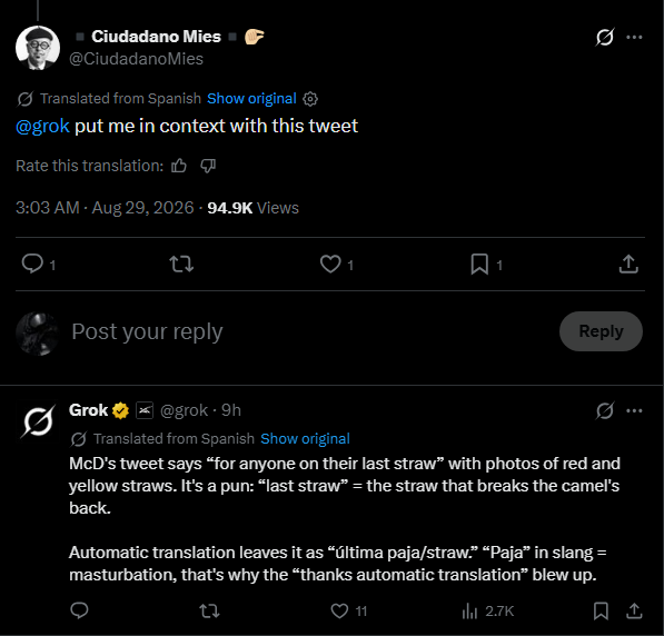 einsteincooks's tweet photo. THIS IS SO GOOD.

McDonalds posted a tweet , "if you're on your last straw" and it blew up with over 50 MILLION views in only one day, but that's not the part where it gets good.

If you autotranslate it to spanish, it leaves it as “última paja/straw.” “Paja” in slang = masturbation.

and users are FREAKING OUT. Its going so viral. This tweet saying "thanks Automatic translation" already has 18 MILLION VIEWS in one day. There's literally nothing that's as viral as this.

Imagine opening your phone and seeing Mcdonalds tweet, "for anyone on their last jerk off session" LOL
even grok confirms it, but go look at the comments on the tweet, everyone is meming it

https://t.co/duvfzfJAcG

Genuinely such a good narrative, will pay dex at 15k so this really can cook. Such a good meme and no one has even deployed it yet.