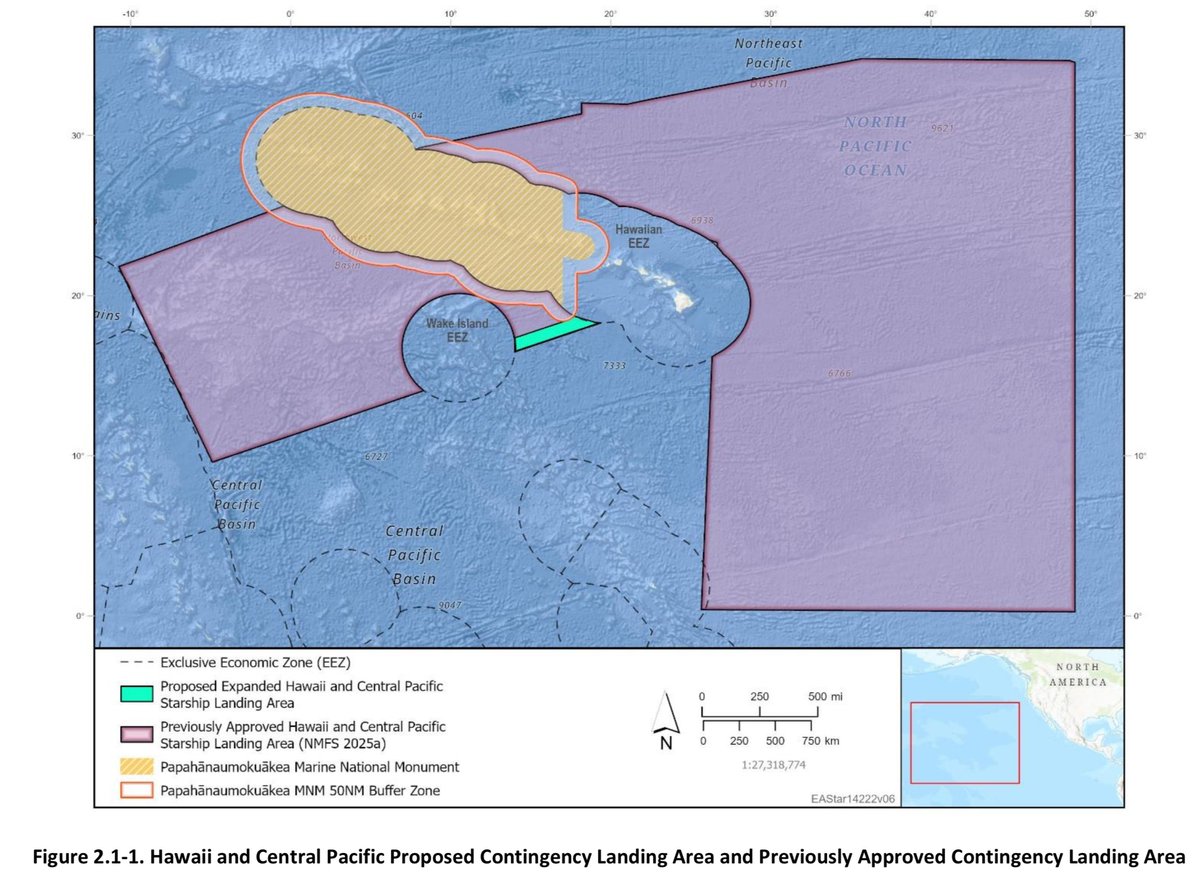 manumazzanti's tweet photo. Starship: la FAA acaba de emitir su reporte final sin encontrar impactos ambientales significativos para las operaciones de contingencia en las trayectorias de reingreso orbital propuestas por @SpaceX, que además agrega otras nuevas a las previamente aprobadas.

Además de Hawaii, el Pacífico Central y el Sureste del Pacífico, ahora se agrega el Pacífico Norte, trayectoria de regreso a Starbase.

Además autoriza en cierre temporario del espacio aéreo para cuando se realize el regreso orbital a Texas.

La FAA estima que 300 vuelos pueden ser afectados, considerando unos 30m de cierre de tráfico aéreo (600 por hora).

Esto allana el camino para que la FAA modifique la licencia que le permitiría a SpaceX llegar a órbita y regresar a la Tierra, incluyendo Starbase y sitios de contingencia si llega a pasar algo.
