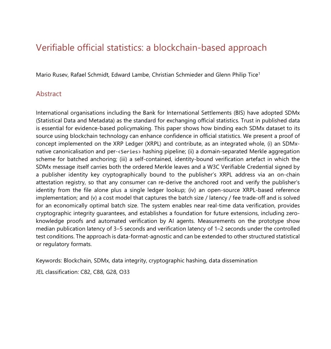 RippleXity's tweet photo. 🚨JUST IN: BIS x $XRP Ledger — Document Breakdown 

• BIS researchers implemented a proof of concept on the $XRP Ledger (XRPL) to make official statistical data independently verifiable.

• Why $XRP Ledger? The paper specifically highlights low nominal fees, fast consensus finality, developer resources and research around its consensus protocol.

• Instead of putting sensitive data itself on-chain, the system creates a cryptographic fingerprint of the data and anchors that fingerprint to the $XRP Ledger.

• One $XRP Ledger transaction can represent thousands of datasets by combining their fingerprints into a single Merkle root before recording it on-chain.

• Once anchored, the $XRP Ledger acts like a public decentralized notary, providing a timestamped, tamper-evident record that can be independently verified.

• In controlled prototype testing, publishing took around 3–5 seconds while verification took around 1–2 seconds.

• BIS researchers found that $XRP Ledger on-chain fees become negligible with reasonable batching because thousands of datasets can share a single ledger entry.

• The architecture includes an $XRP Ledger integration gateway responsible for submitting transactions, anchoring information and verifying it against the ledger.

• The researchers also produced an open-source $XRP Ledger-based reference implementation that statistical organizations could deploy alongside existing systems.

• The paper explores bigger potential use cases including real-time data oracles, automated regulatory compliance, inflation-linked smart contracts, perpetual futures, tokenized bonds, derivatives and new types of digital assets powered by verified data.

• Future extensions mentioned include zero-knowledge proofs and automated verification by AI agents.

Bottom Line: BIS researchers didn’t merely mention the $XRP Ledger — they built and tested a working proof of concept using it while specifically highlighting its low fees and fast finality.