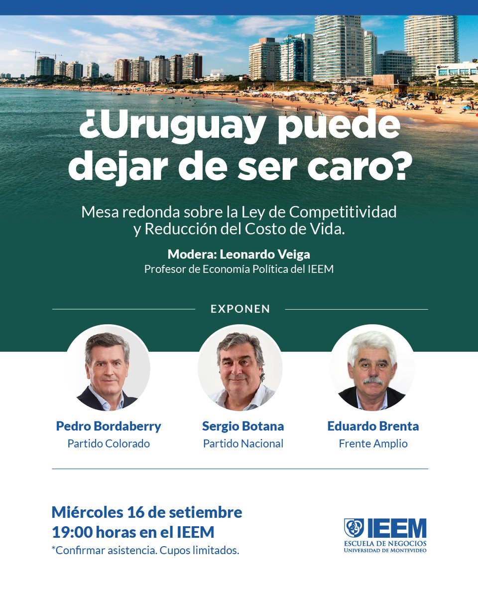 IEEM_UM's tweet photo. #ActualidadIEEM | ¿Qué cambios necesita Uruguay para ser más competitivo y reducir el costo de vida? Los senadores @PedroBordaberry, @SergioBotana y @eduardobrenta  participarán de una mesa redonda en el IEEM para debatir el proyecto de ley de Competitividad y Reducción del Costo de Vida. 

Modera: @LeoVeigaSanchez 

Más información: https://t.co/K74yrWZ7cF