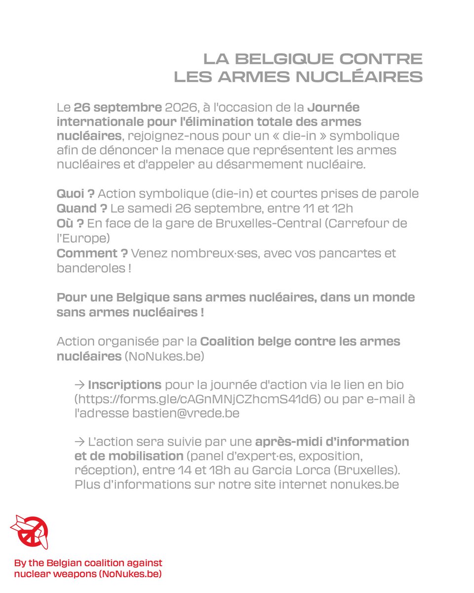 nonukesbe's tweet photo. 26.09.2026 · BELGIUM AGAINST NUCLEAR WEAPONS

For a nuke-free Belgium, in a nuke-free world!

➡️ Registration: https://t.co/uEFBy3HVd4)
➡️ The event will be followed by an afternoon of information and mobilisation between 2 pm and 6 pm at Garcia Lorca (Brussels) https://t.co/my7yyBMIC5