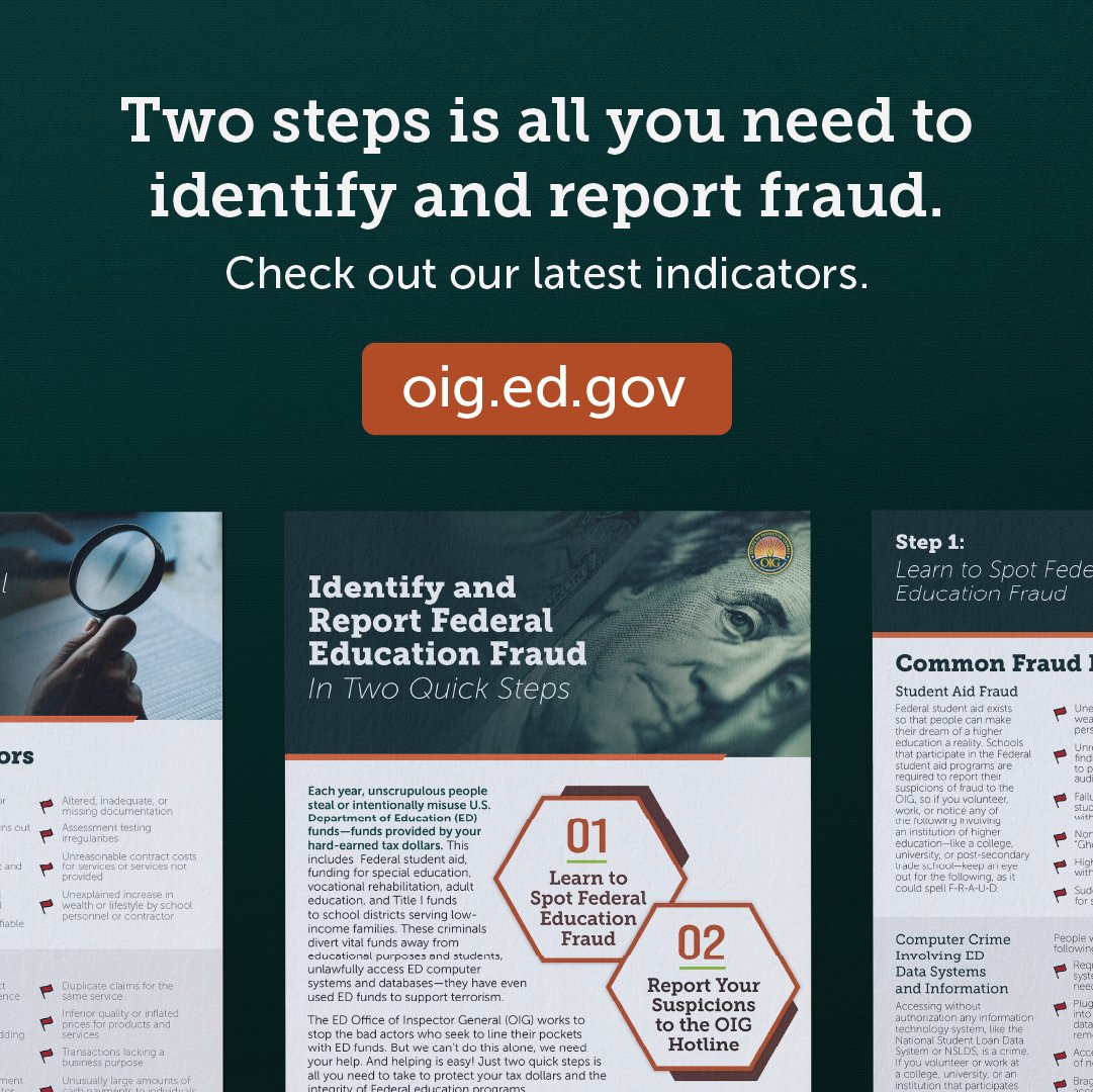 EducationOIG's tweet photo. Two steps are all you need to take to help identify and stop education fraud. Ready to get started? https://t.co/NswhtnE34B
#StopFraud #KnowTheRedFlags #OIG https://t.co/Nn0Kl7mnIQ