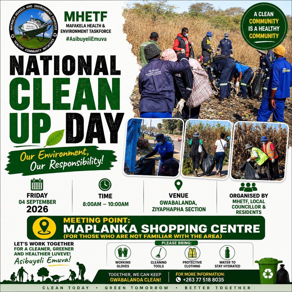 mafakela_hetf's tweet photo. This Friday, 4 September 2026, #MHETF, together with our Local Councillor and residents, will be taking action to keep our community clean and healthy.
@byopra @CityofBulawayo @MOECW_ZIMBABWE
 #AsibuyeliEmuva
#NationalCleanUpDay #Gwabalanda  #KeepBulawayoClean https://t.co/o33NDNU9yp