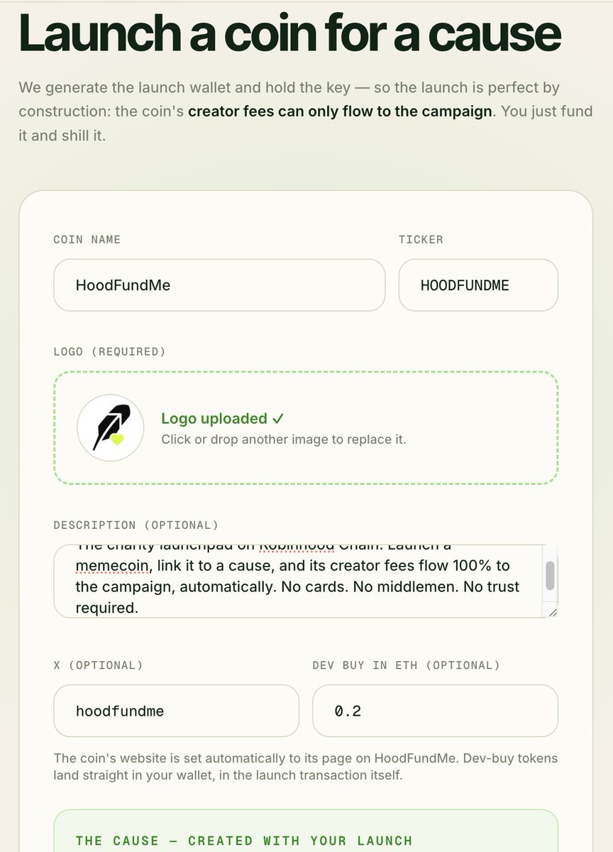 HoodFundMe's tweet photo. Launching takes one transaction. 

Name, ticker, logo, cause — then a single wallet signature funds everything: the launch fee, gas, and your dev buy if you want one. https://t.co/4zBuytZGNh