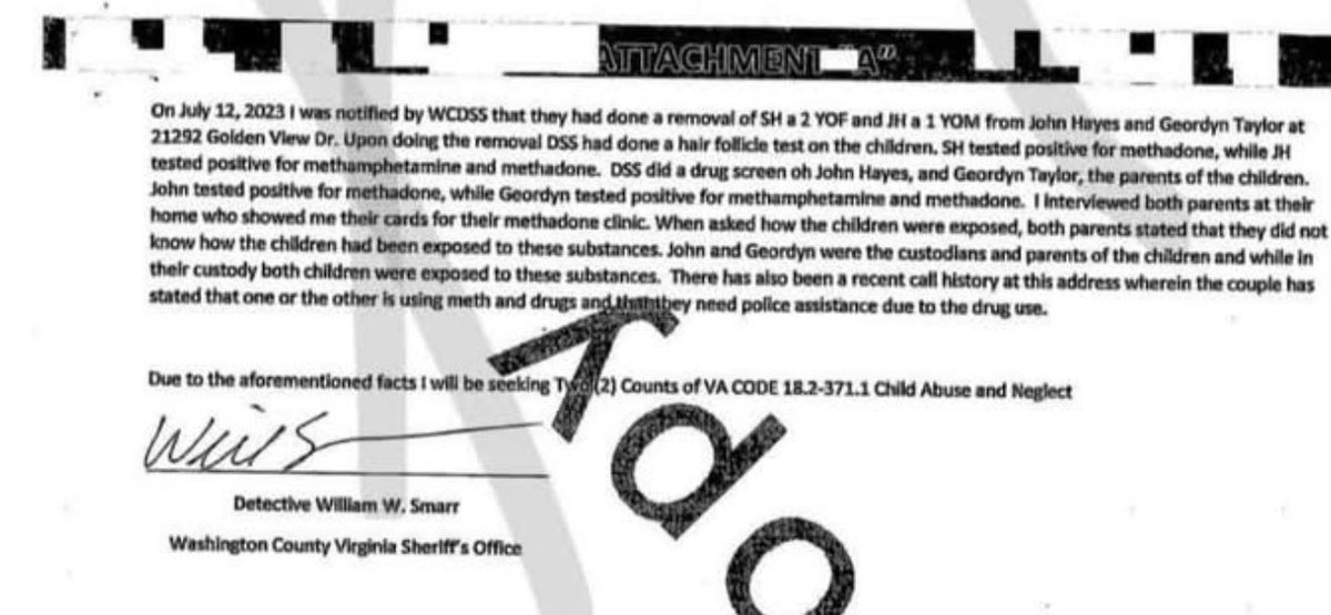 901Lulu's tweet photo. Saylor Hayes and her brother were removed and placed into foster care in July 2023. 

The children were given hair follicle tests. They tested positive for methamphetamine and methadone. 

DSS did a drug test on John and Geordyn Hayes. John was positive for methadone. Geordyn tested positive for both methamphetamine and methadone. Both parents had cards for the methadone clinic. 

When asked how the children were exposed, both Geordyn and John said they had no clue. 🙄

Just curious why Saylor Hayes was returned to the custody of her parents. Once again, this was a preventable tragedy.